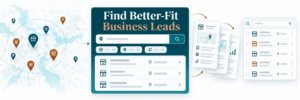 AI-powered CRM prospecting workflow showing business search, filtered prospects, contact records, and a marketing audit